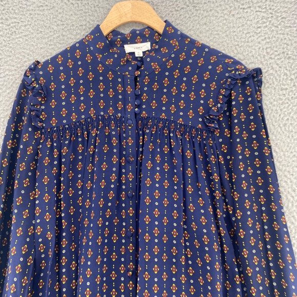 A Loves A Top Womens Medium Navy Multi Pattern Silk Button Long Balloon Sleeve - Picture 2 of 10